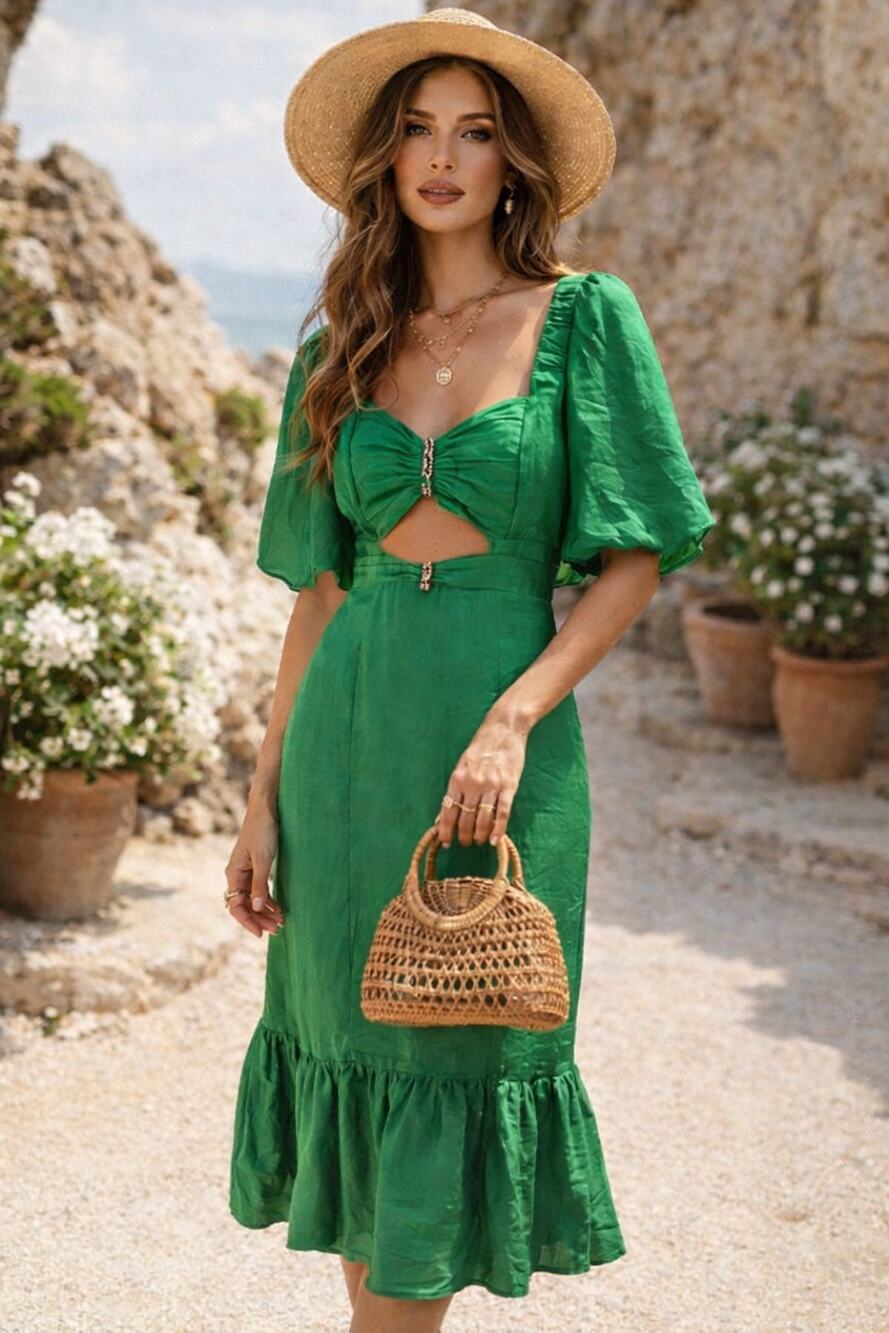 SANDRO Green Jewel Embellished Rhinestone Middle Cutout Puff Sleeve Dress sz 40